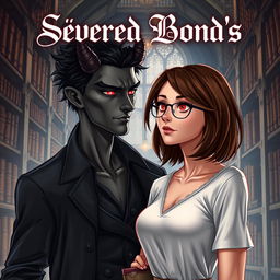 A stunning book cover for 'Severed Bond's', featuring a realistic digital illustration of a normal woman, a librarian, with shoulder-length brown hair and glasses, standing in an enchanting library filled with towering shelves of books