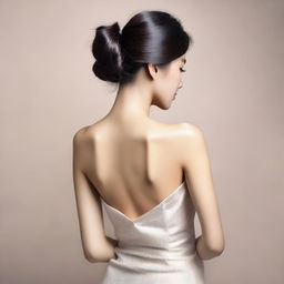 Rear view of an elegant Asian lady with her arms crossed. Her captivating beauty is apparent even from behind.