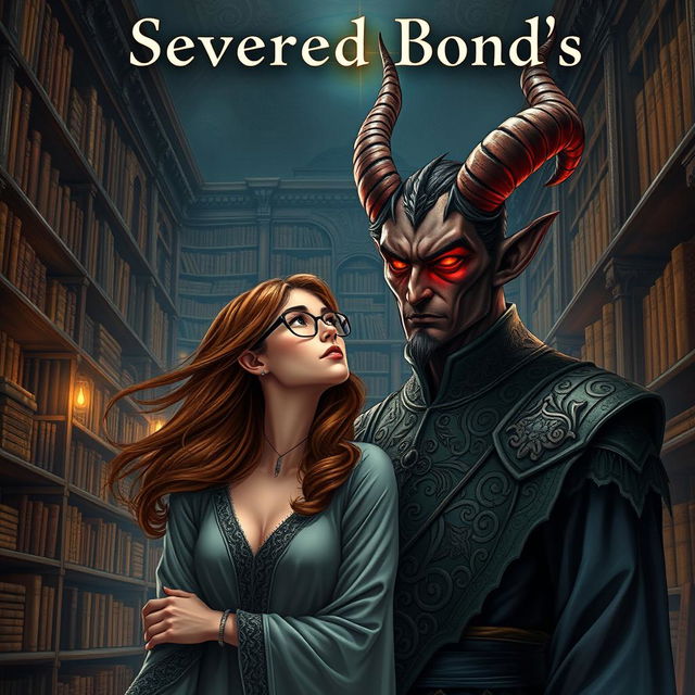 A striking book cover for 'Severed Bond's', featuring a realistic illustration of a normal woman, a librarian, with flowing chestnut hair and glasses, standing in an ancient, ornate library filled with countless old books and dim, atmospheric lighting