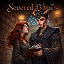 A striking book cover for 'Severed Bond's', featuring a realistic illustration of a normal woman, a librarian, with flowing chestnut hair and glasses, standing in an ancient, ornate library filled with countless old books and dim, atmospheric lighting