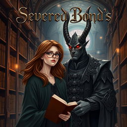 A striking book cover for 'Severed Bond's', featuring a realistic illustration of a normal woman, a librarian, with flowing chestnut hair and glasses, standing in an ancient, ornate library filled with countless old books and dim, atmospheric lighting