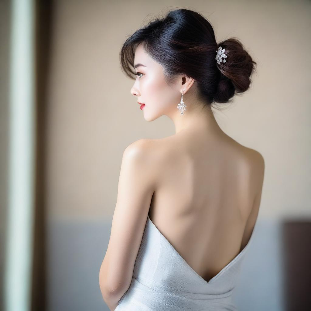 Rear view of an elegant Asian lady with her arms crossed. Her captivating beauty is apparent even from behind.