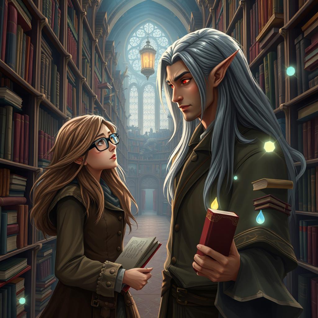 A fantastical library scene featuring a librarian woman with long flowing hair, wearing glasses and a cozy, bookish outfit