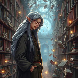 A fantastical library scene featuring a librarian woman with long flowing hair, wearing glasses and a cozy, bookish outfit