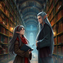 A fantastical library scene featuring a librarian woman with long flowing hair, wearing glasses and a cozy, bookish outfit
