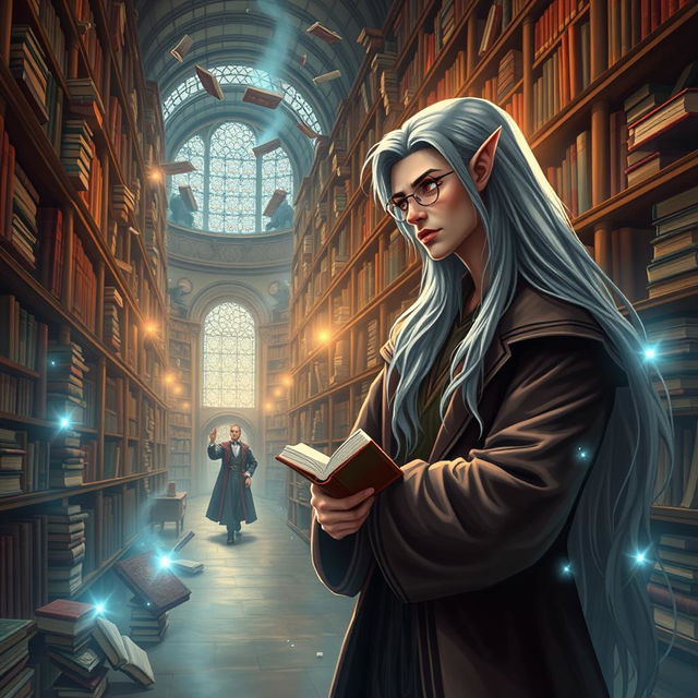 A fantastical library scene featuring a librarian woman with long flowing hair, wearing glasses and a cozy, bookish outfit