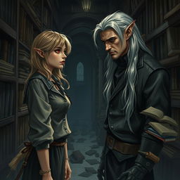 A realistic dark fantasy illustration depicting a librarian woman with slightly disheveled hair, dressed in a distressed, vintage outfit, gazing intently at a striking man in the midst of a shadowy library hallway