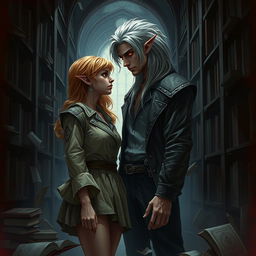 A realistic dark fantasy illustration depicting a librarian woman with slightly disheveled hair, dressed in a distressed, vintage outfit, gazing intently at a striking man in the midst of a shadowy library hallway