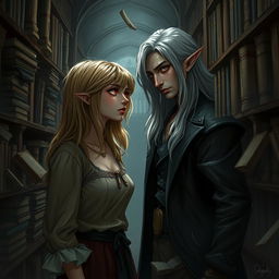 A realistic dark fantasy illustration depicting a librarian woman with slightly disheveled hair, dressed in a distressed, vintage outfit, gazing intently at a striking man in the midst of a shadowy library hallway