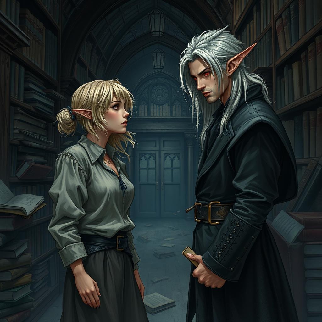 A realistic dark fantasy illustration depicting a librarian woman with slightly disheveled hair, dressed in a distressed, vintage outfit, gazing intently at a striking man in the midst of a shadowy library hallway