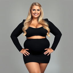A full-length image of a 19-year-old beautiful voluptuous woman with round cheeks and a noticeable belly, wearing a short, super tight black business dress that highlights her curves and shows a hint of cleavage