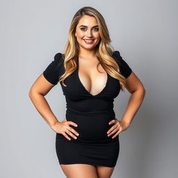 A full-length image of a 19-year-old beautiful voluptuous woman with round cheeks and a noticeable belly, wearing a short, super tight black business dress that highlights her curves and shows a hint of cleavage