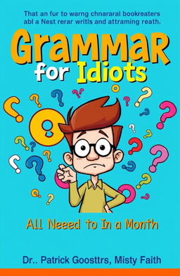 A visually engaging book cover design for 'Grammar for Idiots: All You Need in One Month' by Dr