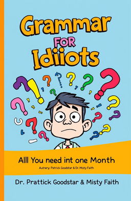 A visually engaging book cover design for 'Grammar for Idiots: All You Need in One Month' by Dr