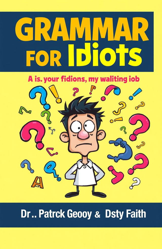 A visually engaging book cover design for 'Grammar for Idiots: All You Need in One Month' by Dr