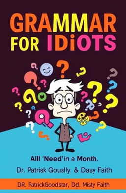 A visually engaging book cover design for 'Grammar for Idiots: All You Need in One Month' by Dr