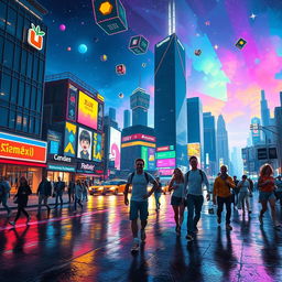 A bustling urban cityscape at night, vibrant neon lights casting colorful reflections on wet pavement, showcasing a surreal blend of Geometry Dash elements like floating platforms, bouncing cubes, and pixelated characters soaring through the sky