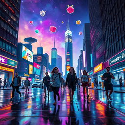 A bustling urban cityscape at night, vibrant neon lights casting colorful reflections on wet pavement, showcasing a surreal blend of Geometry Dash elements like floating platforms, bouncing cubes, and pixelated characters soaring through the sky