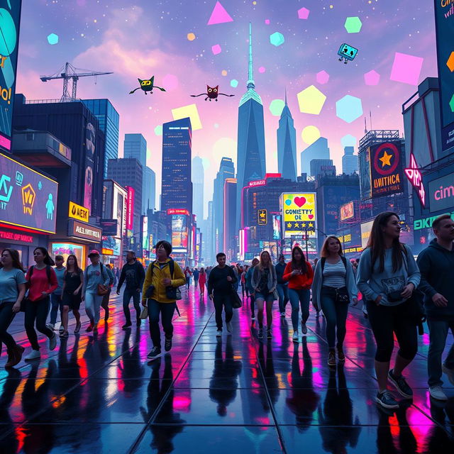 A bustling urban cityscape at night, vibrant neon lights casting colorful reflections on wet pavement, showcasing a surreal blend of Geometry Dash elements like floating platforms, bouncing cubes, and pixelated characters soaring through the sky