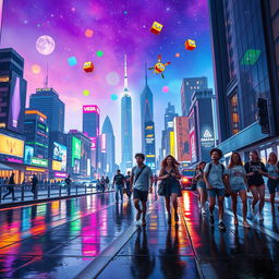 A bustling urban cityscape at night, vibrant neon lights casting colorful reflections on wet pavement, showcasing a surreal blend of Geometry Dash elements like floating platforms, bouncing cubes, and pixelated characters soaring through the sky
