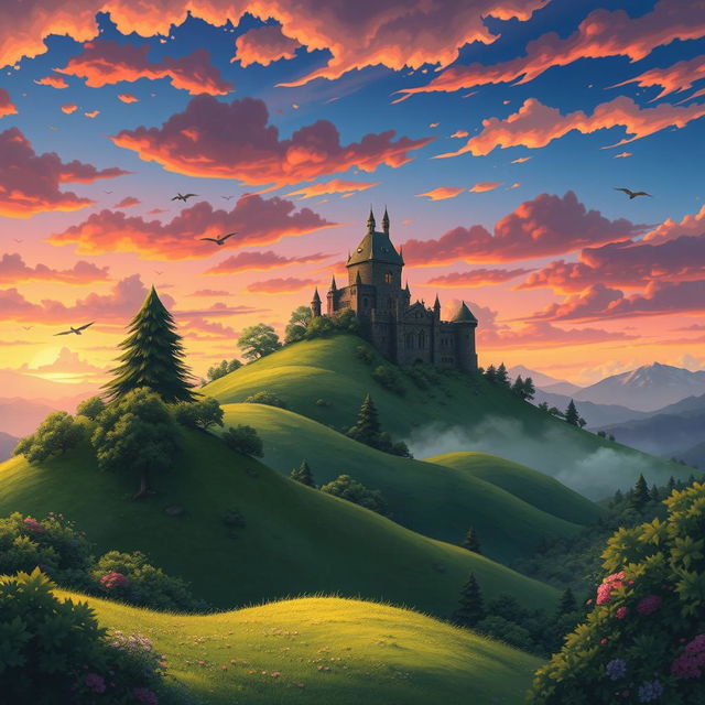 A whimsical, colorful landscape inspired by Studio Ghibli's anime style, featuring lush green hills, a serene castle on a mountaintop, and magical creatures like forest spirits and flying Totoro