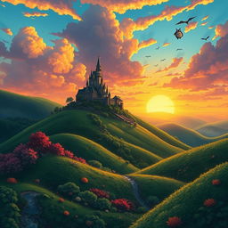 A whimsical, colorful landscape inspired by Studio Ghibli's anime style, featuring lush green hills, a serene castle on a mountaintop, and magical creatures like forest spirits and flying Totoro