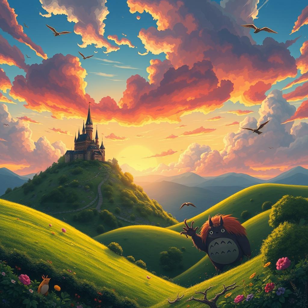 A whimsical, colorful landscape inspired by Studio Ghibli's anime style, featuring lush green hills, a serene castle on a mountaintop, and magical creatures like forest spirits and flying Totoro