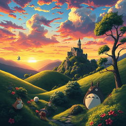 A whimsical, colorful landscape inspired by Studio Ghibli's anime style, featuring lush green hills, a serene castle on a mountaintop, and magical creatures like forest spirits and flying Totoro