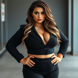 A full-length image of a 19-year-old beautiful voluptuous woman with round facial features and a round belly