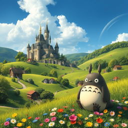 A fantastical landscape reminiscent of Studio Ghibli's enchanting worlds, featuring lush, vibrant green hills, whimsical houses nestled among the trees, and a beautiful, clear blue sky