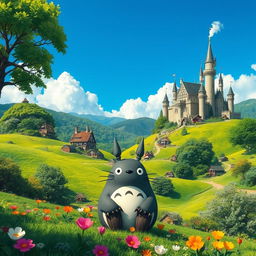 A fantastical landscape reminiscent of Studio Ghibli's enchanting worlds, featuring lush, vibrant green hills, whimsical houses nestled among the trees, and a beautiful, clear blue sky