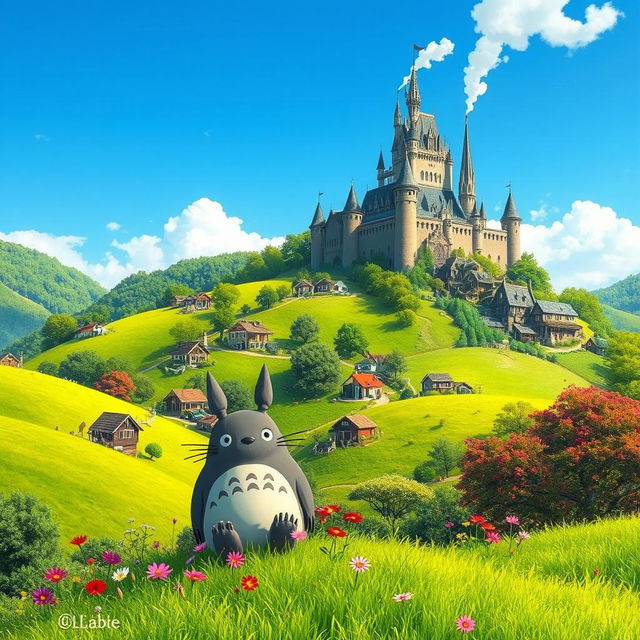 A fantastical landscape reminiscent of Studio Ghibli's enchanting worlds, featuring lush, vibrant green hills, whimsical houses nestled among the trees, and a beautiful, clear blue sky