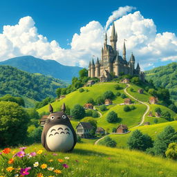 A fantastical landscape reminiscent of Studio Ghibli's enchanting worlds, featuring lush, vibrant green hills, whimsical houses nestled among the trees, and a beautiful, clear blue sky
