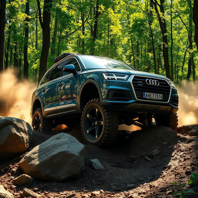 A powerful Audi Q7 navigating through an extreme offroad terrain, showcasing its rugged capabilities