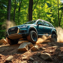 A powerful Audi Q7 navigating through an extreme offroad terrain, showcasing its rugged capabilities