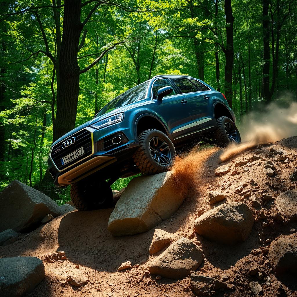 A powerful Audi Q7 navigating through an extreme offroad terrain, showcasing its rugged capabilities