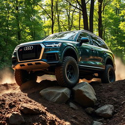 A powerful Audi Q7 navigating through an extreme offroad terrain, showcasing its rugged capabilities