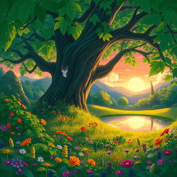A magical forest filled with lush greenery and colorful wildflowers, reminiscent of Studio Ghibli films