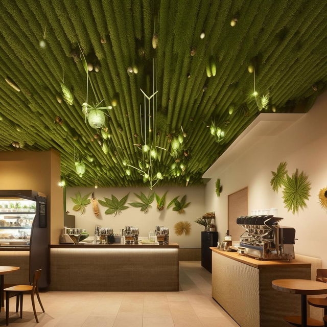 A unique, green-themed cafe heavily inspired by grasshoppers. Earthy tones dominate the space with grasshopper sculptures on display, tables imprinted with leaf textures and espresso machines echoing a bug's design. Pendant lights resemble grasshoppers, with coffee-themed artwork featuring these insects.