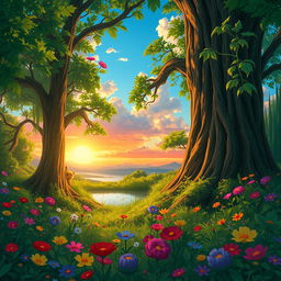 A magical forest filled with lush greenery and colorful wildflowers, reminiscent of Studio Ghibli films