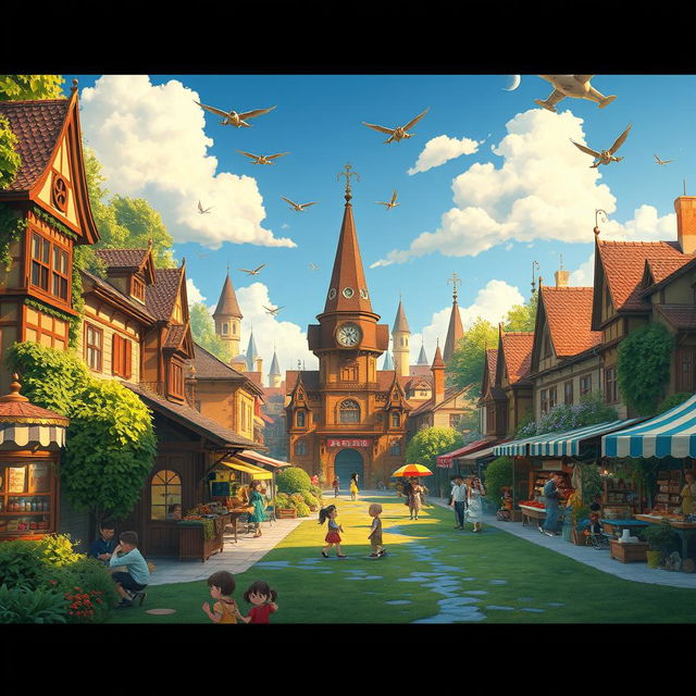 A whimsical and vibrant city inspired by Studio Ghibli films, featuring lush greenery, flying machines soaring in a bright blue sky, charming vintage architecture with intricate details, bustling markets with colorful stalls, and fantastic creatures roaming the streets