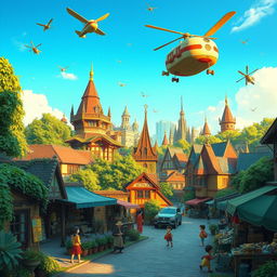 A whimsical and vibrant city inspired by Studio Ghibli films, featuring lush greenery, flying machines soaring in a bright blue sky, charming vintage architecture with intricate details, bustling markets with colorful stalls, and fantastic creatures roaming the streets