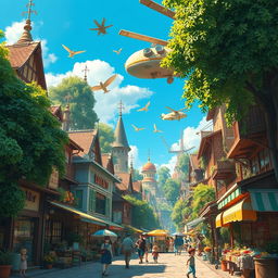 A whimsical and vibrant city inspired by Studio Ghibli films, featuring lush greenery, flying machines soaring in a bright blue sky, charming vintage architecture with intricate details, bustling markets with colorful stalls, and fantastic creatures roaming the streets