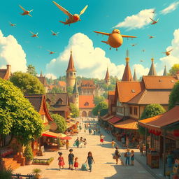 A whimsical and vibrant city inspired by Studio Ghibli films, featuring lush greenery, flying machines soaring in a bright blue sky, charming vintage architecture with intricate details, bustling markets with colorful stalls, and fantastic creatures roaming the streets