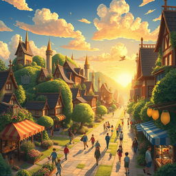 A vibrant and whimsical cityscape inspired by Ghibli's enchanting style, featuring lush green landscapes, charming buildings with intricate architecture, and fantastical creatures roaming the streets