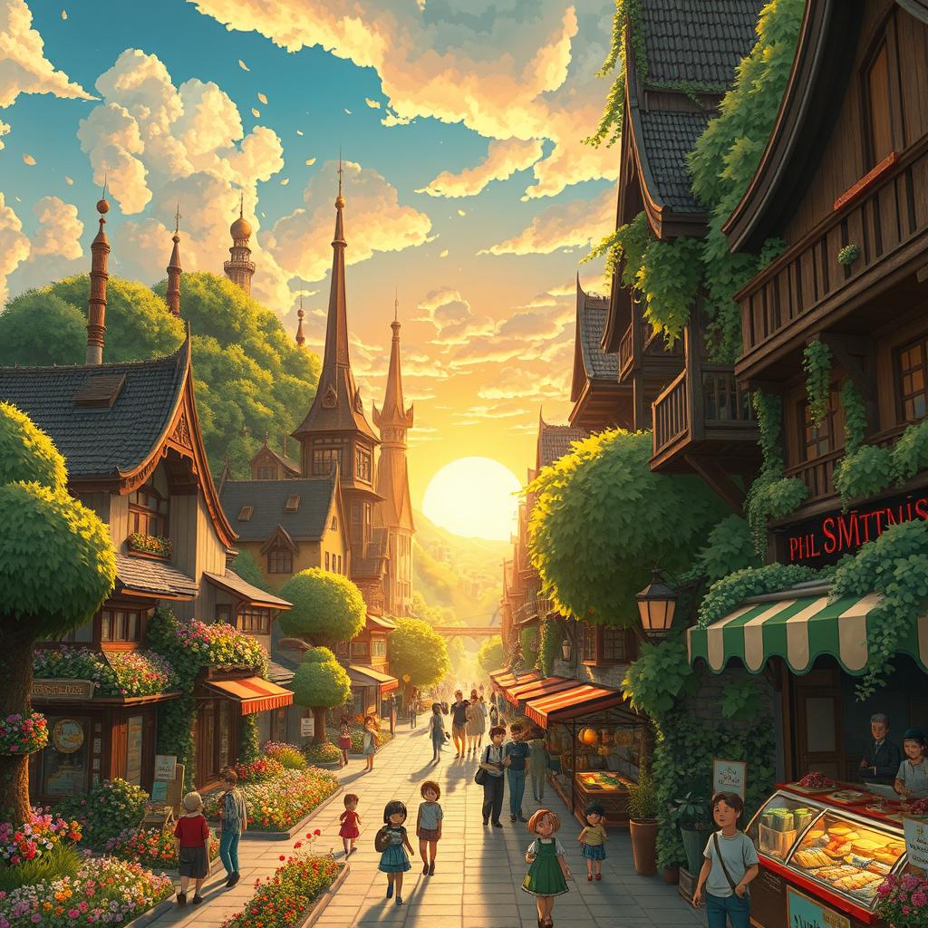 A vibrant and whimsical cityscape inspired by Ghibli's enchanting style, featuring lush green landscapes, charming buildings with intricate architecture, and fantastical creatures roaming the streets