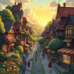 A vibrant and whimsical cityscape inspired by Ghibli's enchanting style, featuring lush green landscapes, charming buildings with intricate architecture, and fantastical creatures roaming the streets