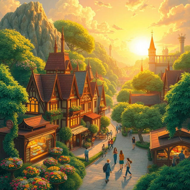 A vibrant and whimsical cityscape inspired by Ghibli's enchanting style, featuring lush green landscapes, charming buildings with intricate architecture, and fantastical creatures roaming the streets