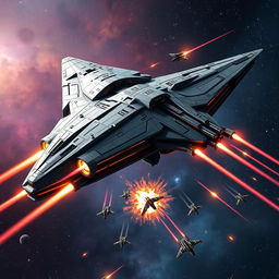 A massive space battleship soaring through the cosmos, showcasing intricate metallic details and futuristic design