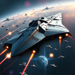 A massive space battleship soaring through the cosmos, showcasing intricate metallic details and futuristic design